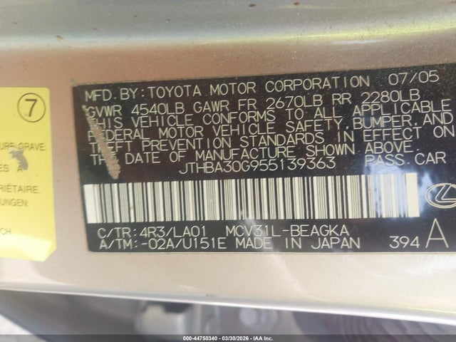 Aukcja sprzedaży 2005 Lexus Es 330, vin: JTHBA30G955139363, numer aukcji: 44750340