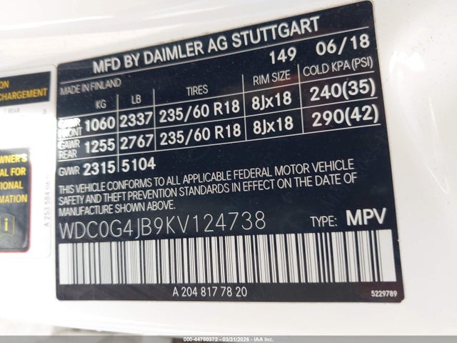 44750372 :رقم المزاد ، WDC0G4JB9KV124738 vin ، 2019 Mercedes-benz Glc 300 مزاد بيع