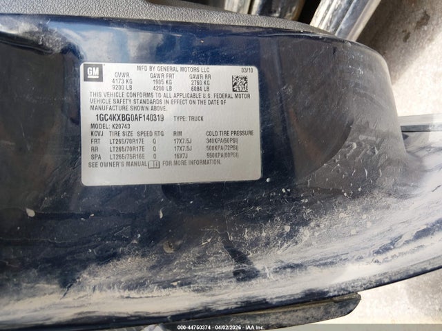 44750374 :رقم المزاد ، 1GC4KXBG0AF140319 vin ، 2010 Chevrolet Silverado 2500hd Lt مزاد بيع