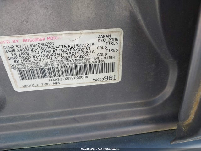 Продаж на аукціоні авто 2007 Mitsubishi Outlander Es/ls, vin: JA4MS31X07Z002095, номер лоту: 44750381