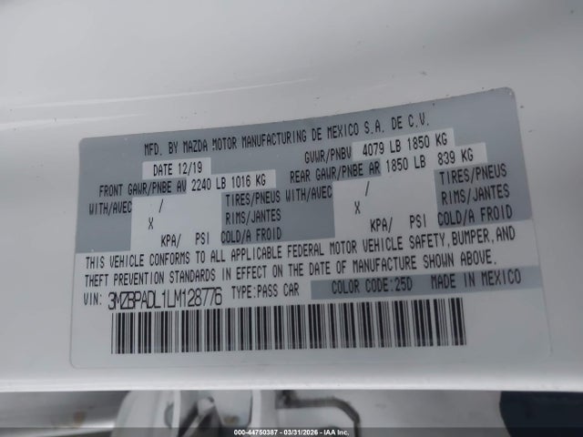 2020 MAZDA MAZDA3 3MZBPADL1LM128776 Photo 8