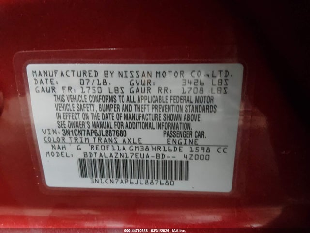 2018 Nissan Versa 1.6 S+ მანქანა იყიდება აუქციონზე, vin: 3N1CN7AP6JL887680, აუქციონის ნომერი: 44750388