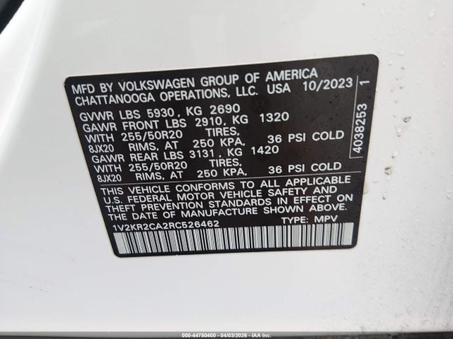 2024 Volkswagen Atlas 2.0t Se W/technology მანქანა იყიდება აუქციონზე, vin: 1V2KR2CA2RC526462, აუქციონის ნომერი: 44750400