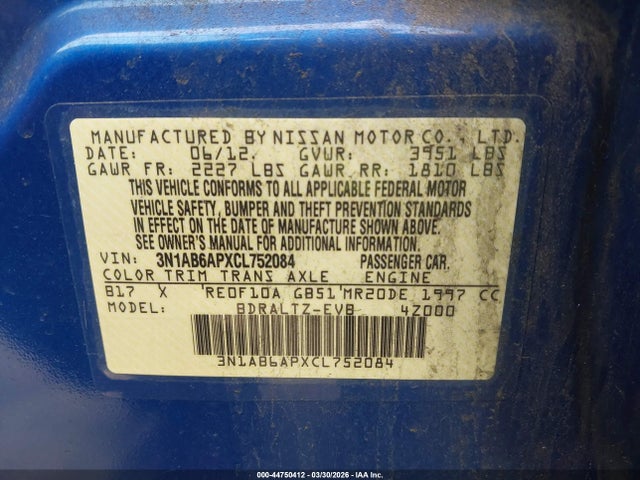 44750412 :رقم المزاد ، 3N1AB6APXCL752084 vin ، 2012 Nissan Sentra 2.0 Sr مزاد بيع