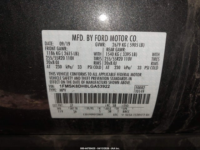 Продаж на аукціоні авто 2020 Ford Explorer Xlt, vin: 1FMSK8DH0LGA53922, номер лоту: 44750425