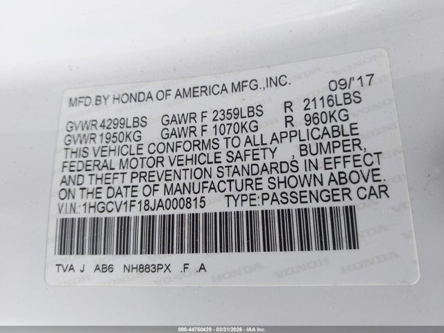 1HGCV1F18JA000815 Honda ACCORD LX