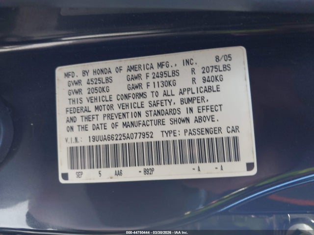 Aukcja sprzedaży 2005 Acura Tl Base W/nav System (a5), vin: 19UUA66225A077952, numer aukcji: 44750444