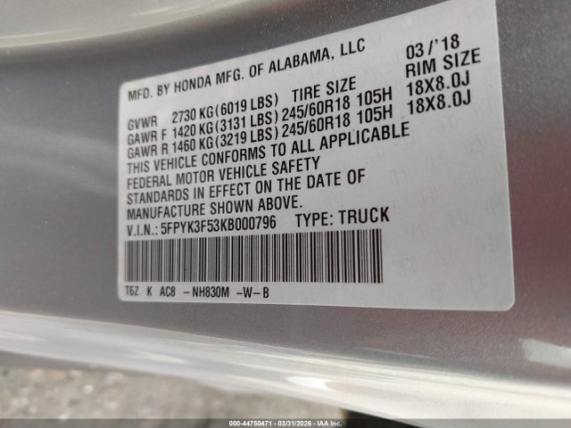44750471 :رقم المزاد ، 5FPYK3F53KB000796 vin ، 2019 Honda Ridgeline Rtl مزاد بيع