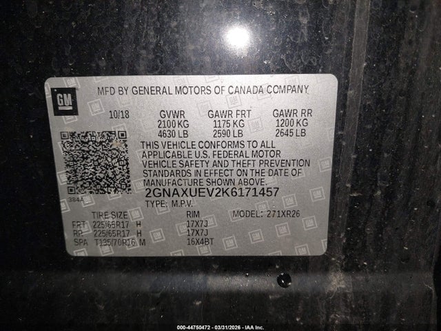 Продаж на аукціоні авто 2019 Chevrolet Equinox Lt, vin: 2GNAXUEV2K6171457, номер лоту: 44750472