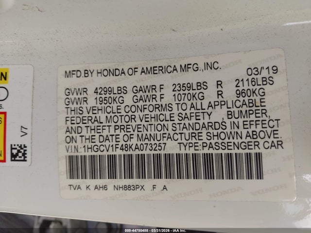 Aukcja sprzedaży 2019 Honda Accord Ex, vin: 1HGCV1F48KA073257, numer aukcji: 44750488