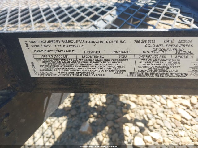 2024 Carry On 5x9 მანქანა იყიდება აუქციონზე, vin: 4YMBU0918RG048680, აუქციონის ნომერი: 44750495