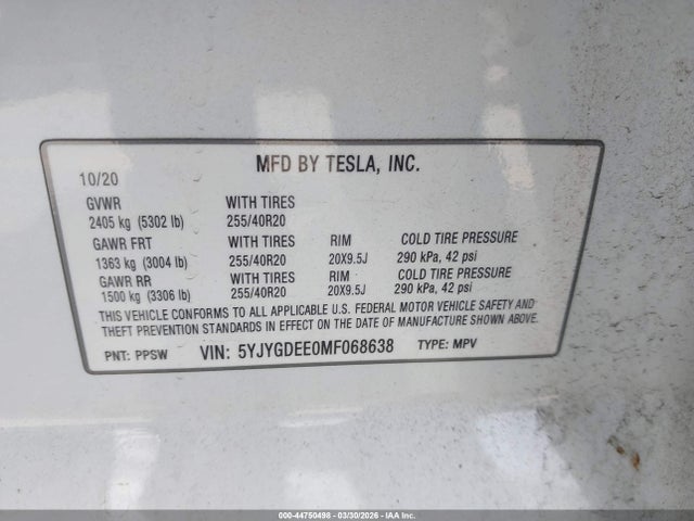 Продаж на аукціоні авто 2021 Tesla Model Y Long Range Dual Motor All-wheel Drive, vin: 5YJYGDEE0MF068638, номер лоту: 44750498