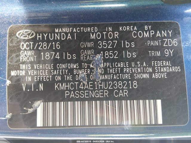 Продажа на аукционе авто 2017 Hyundai Accent Se, vin: KMHCT4AE1HU238218, номер лота: 44750518