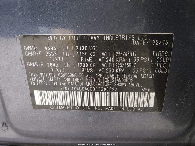 2015 SUBARU OUTBACK 4S4BSACC3F3306322 Photo 8