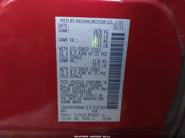 Aukcja sprzedaży 2022 Nissan Pathfinder Sl 2wd, vin: 5N1DR3CB6NC223330, numer aukcji: 44750536