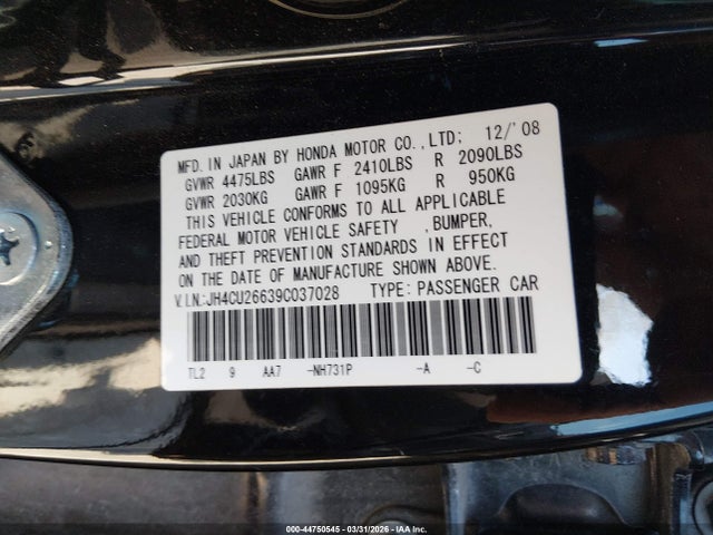 44750545 :رقم المزاد ، JH4CU26639C037028 vin ، 2009 Acura Tsx مزاد بيع
