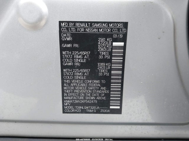 44750555 :رقم المزاد ، KNMAT2MV2KP542479 vin ، 2019 Nissan Rogue Sv مزاد بيع