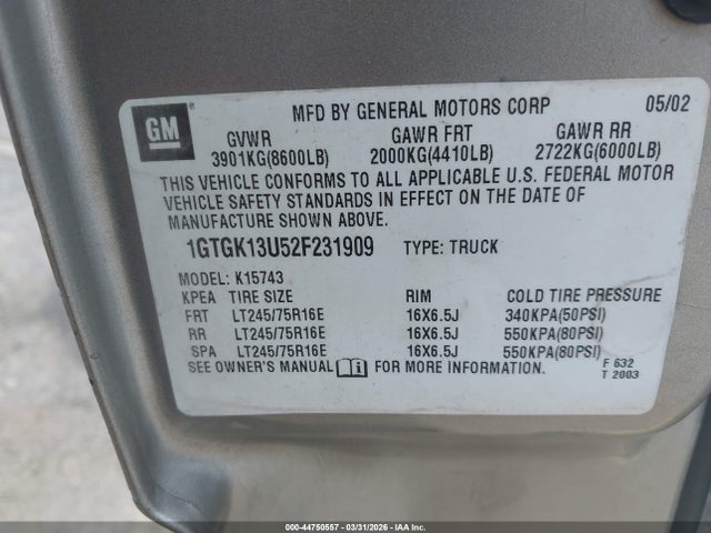 Aukcja sprzedaży 2002 Gmc Sierra 1500hd Sle, vin: 1GTGK13U52F231909, numer aukcji: 44750557