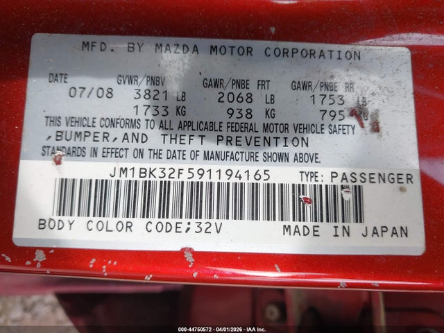 44750572 :رقم المزاد ، JM1BK32F591194165 vin ، 2009 Mazda Mazda3 I مزاد بيع