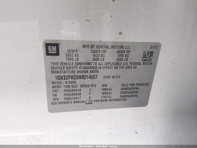 Auction sale of the 2017 Gmc Yukon Xl Sle, vin: 1GKS2FKC8HR214937, lot number: 44750574
