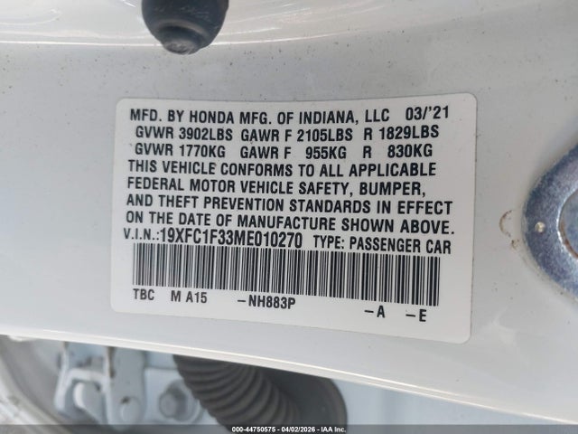 Продажа на аукционе авто 2021 Honda Civic Ex, vin: 19XFC1F33ME010270, номер лота: 44750575