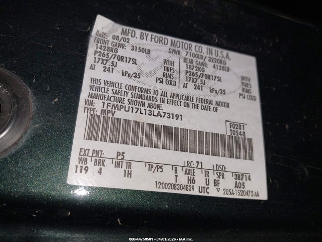 Продаж на аукціоні авто 2003 Ford Expedition Eddie Bauer, vin: 1FMPU17L13LA73191, номер лоту: 44750581