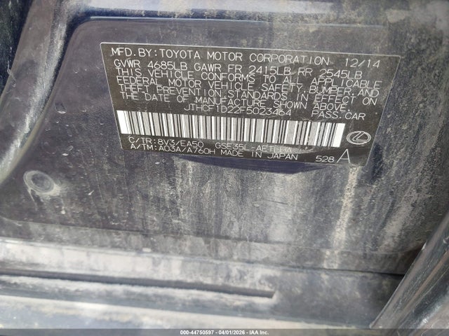 44750597 :رقم المزاد ، JTHCF1D22F5023464 vin ، 2015 Lexus Is 250 مزاد بيع