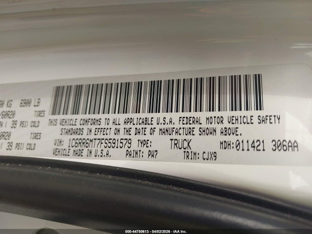 44750613 :رقم المزاد ، 1C6RR6MT7FS591579 vin ، 2015 Ram 1500 Sport مزاد بيع