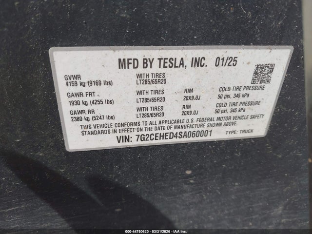 Продаж на аукціоні авто 2025 Tesla Cybertruck All-wheel Drive, vin: 7G2CEHED4SA060001, номер лоту: 44750620