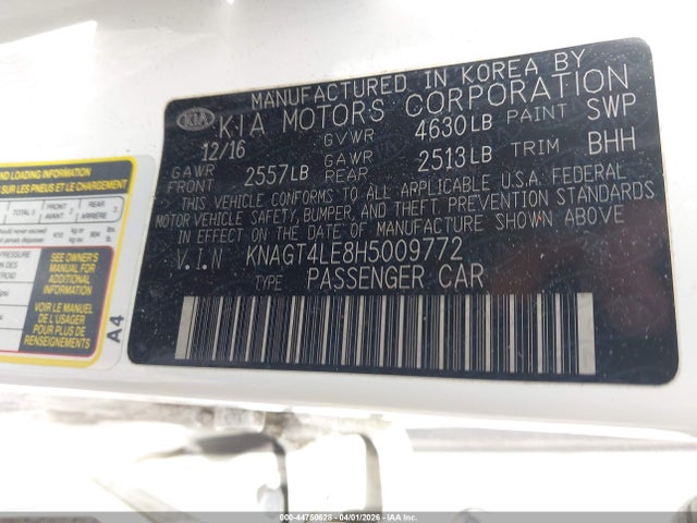 44750628 :رقم المزاد ، KNAGT4LE8H5009772 vin ، 2017 Kia Optima Hybrid مزاد بيع