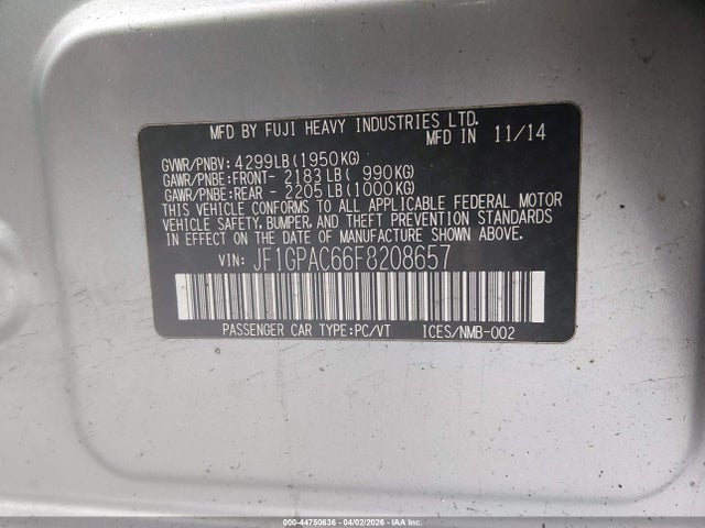 2015 Subaru Impreza 2.0i Premium მანქანა იყიდება აუქციონზე, vin: JF1GPAC66F8208657, აუქციონის ნომერი: 44750636