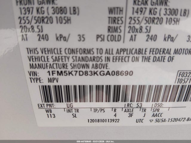 Ford EXPLORER XLT 2019 1FM5K7D83KGA08690 Image 9