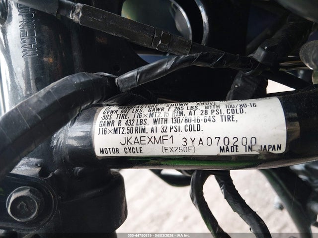 Aukcja sprzedaży 2000 Kawasaki Ex250 F, vin: JKAEXMF13YA070200, numer aukcji: 44750639