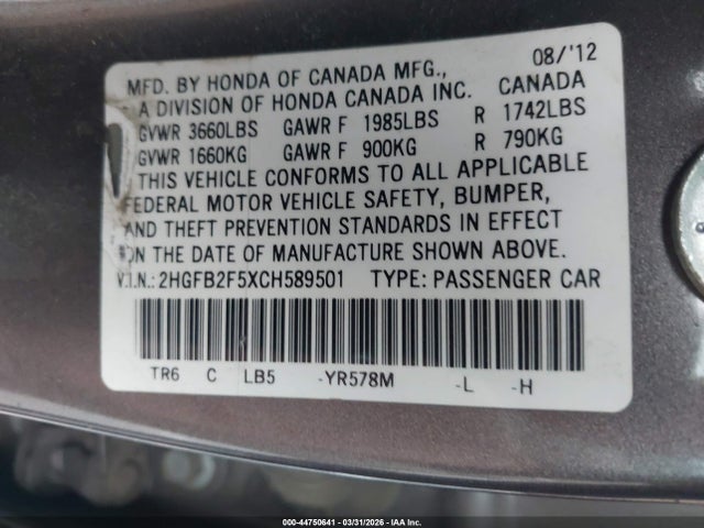 44750641 :رقم المزاد ، 2HGFB2F5XCH589501 vin ، 2012 Honda Civic Lx مزاد بيع