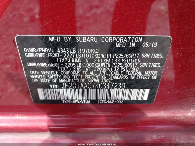 JF2GTAAC7KG347230 Subaru Crosstrek 2.0i