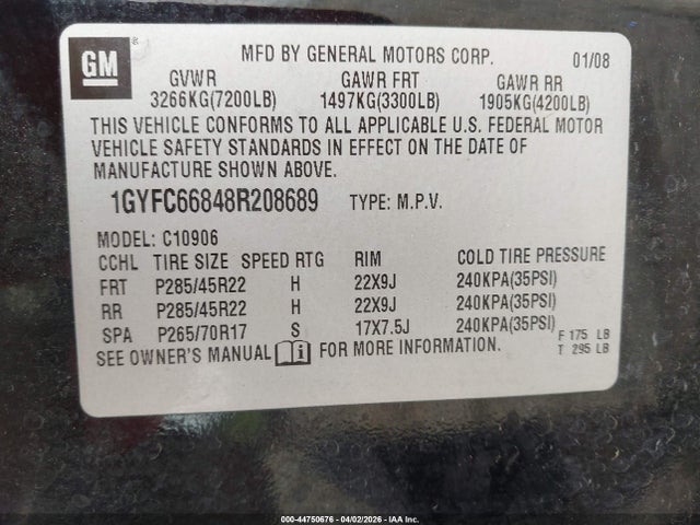 2008 Cadillac Escalade Esv Standard მანქანა იყიდება აუქციონზე, vin: 1GYFC66848R208689, აუქციონის ნომერი: 44750676