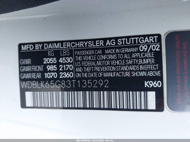Aukcja sprzedaży 2003 Mercedes-benz Clk 320, vin: WDBLK65G83T135292, numer aukcji: 44750742