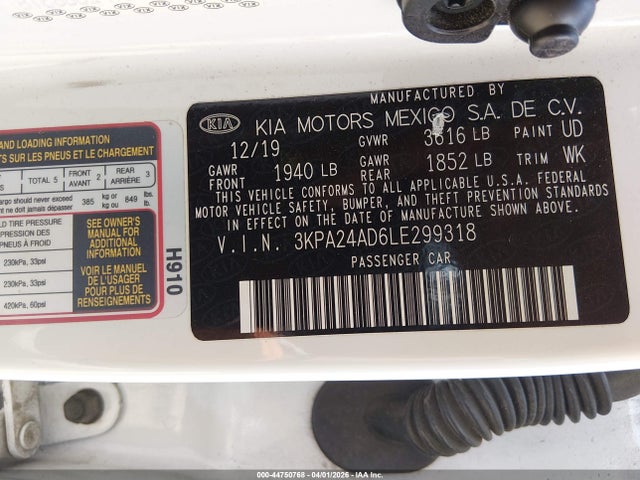 Продажа на аукционе авто 2020 Kia Rio S, vin: 3KPA24AD6LE299318, номер лота: 44750768