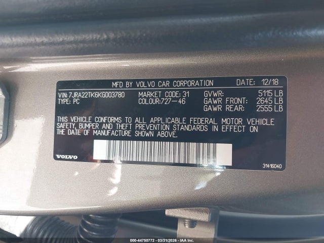 Auction sale of the 2019 Volvo S60 T6 Momentum, vin: 7JRA22TK6KG003780, lot number: 44750772
