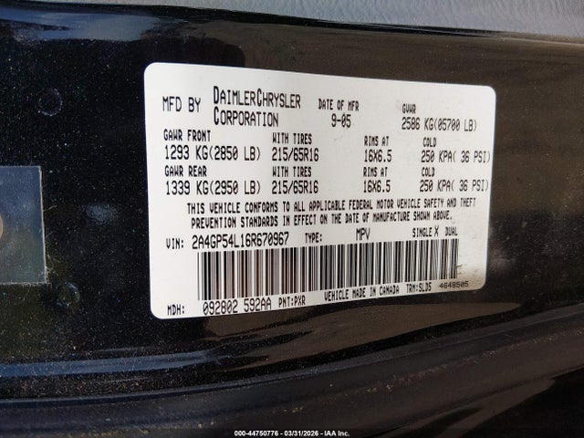 44750776 :رقم المزاد ، 2A4GP54L16R670967 vin ، 2006 Chrysler Town & Country Touring مزاد بيع