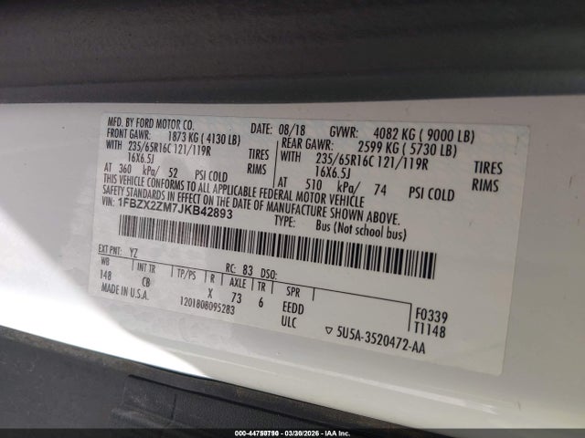 1FBZX2ZM7JKB42893 Ford Transit-350 Xl