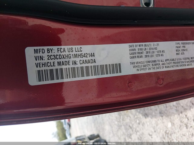 44750799 :رقم المزاد ، 2C3CDXHG1MH542144 vin ، 2021 Dodge Charger Gt Rwd مزاد بيع