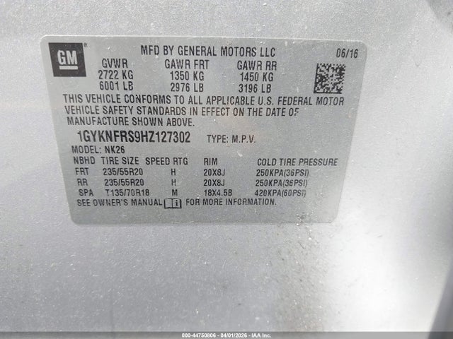 2017 Cadillac Xt5 Platinum მანქანა იყიდება აუქციონზე, vin: 1GYKNFRS9HZ127302, აუქციონის ნომერი: 44750806