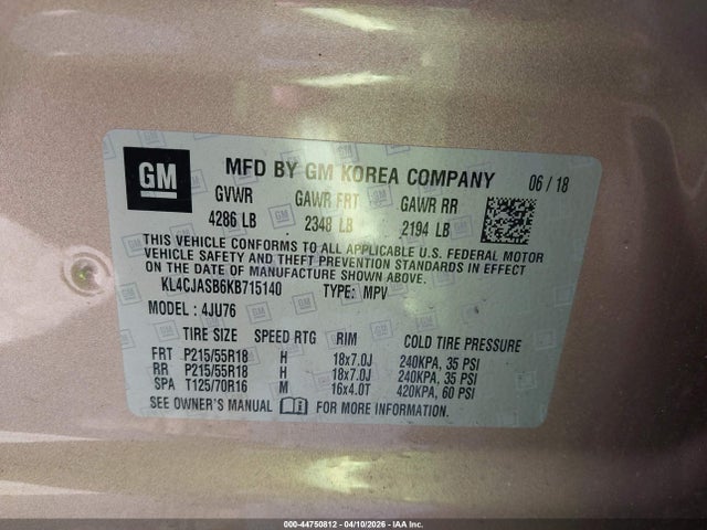 44750812 :رقم المزاد ، KL4CJASB6KB715140 vin ، 2019 Buick Encore Fwd Preferred مزاد بيع
