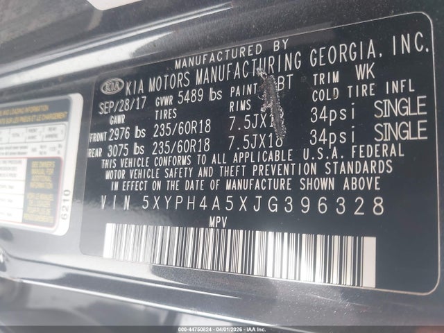 Продажа на аукционе авто 2018 Kia Sorento 3.3l Ex, vin: 5XYPH4A5XJG396328, номер лота: 44750824