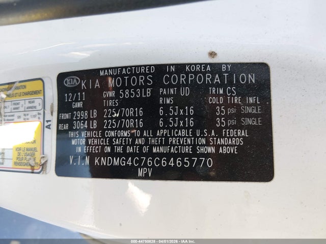 44750828 :رقم المزاد ، KNDMG4C76C6465770 vin ، 2012 Kia Sedona Lx مزاد بيع