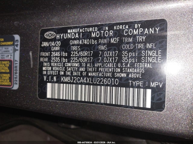 2020 Hyundai Tucson Se მანქანა იყიდება აუქციონზე, vin: KM8J2CA4XLU226010, აუქციონის ნომერი: 44750834
