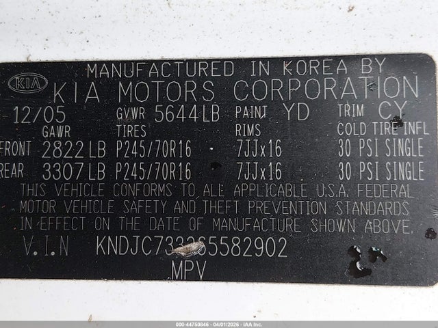44750846 :رقم المزاد ، KNDJC733265582902 vin ، 2006 Kia Sorento Ex/lx مزاد بيع