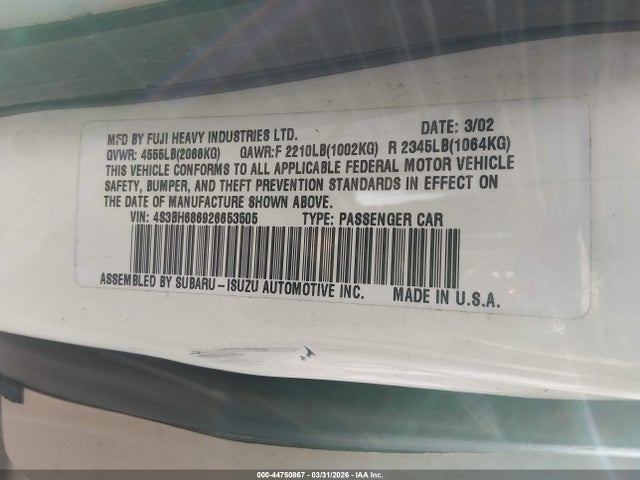 2002 Subaru Outback Limited მანქანა იყიდება აუქციონზე, vin: 4S3BH686926653505, აუქციონის ნომერი: 44750867