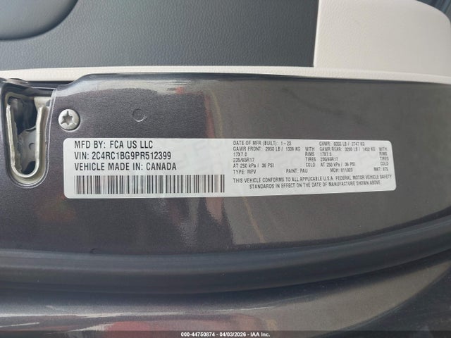 44750874 :رقم المزاد ، 2C4RC1BG9PR512399 vin ، 2023 Chrysler Pacifica Touring L مزاد بيع